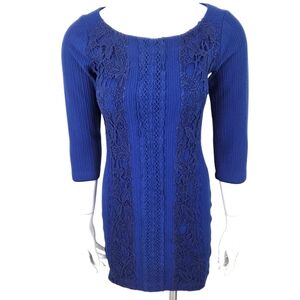 Free People Y2K Crochet Mini Dress Ribbed Knit Stretch Bodycon Womens Small Blue